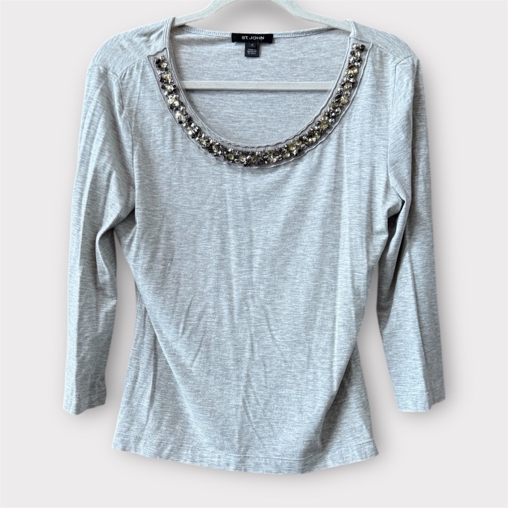 St. John Gray Embellished diamond rounded neckline 1/4 sleeve Women's Top shirt